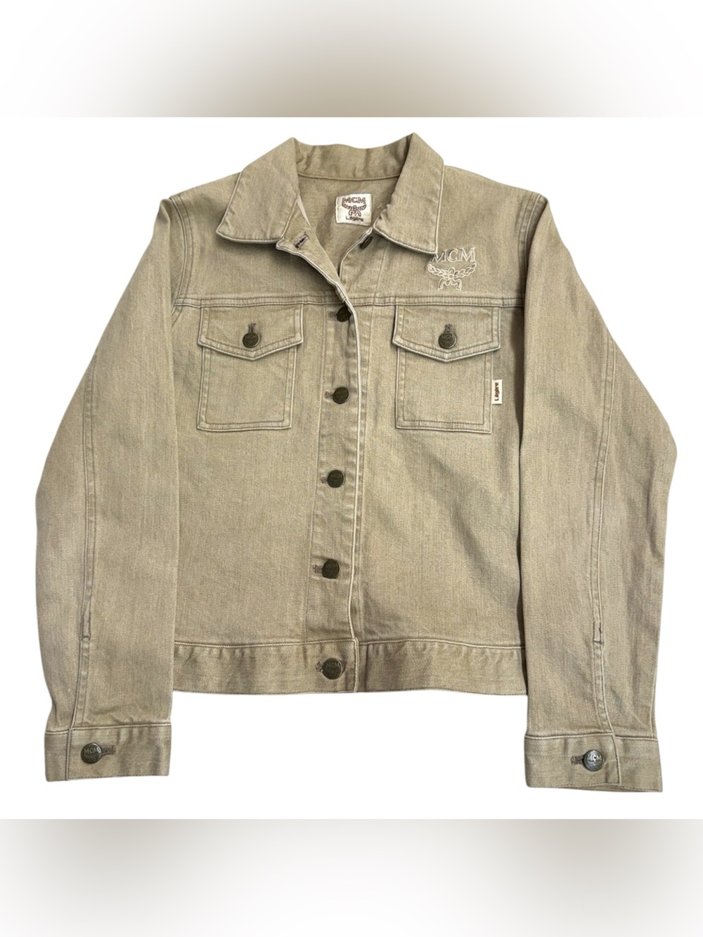 MCM Beige Trucker Jacket Embroidered Logo Button Women’s Sz M